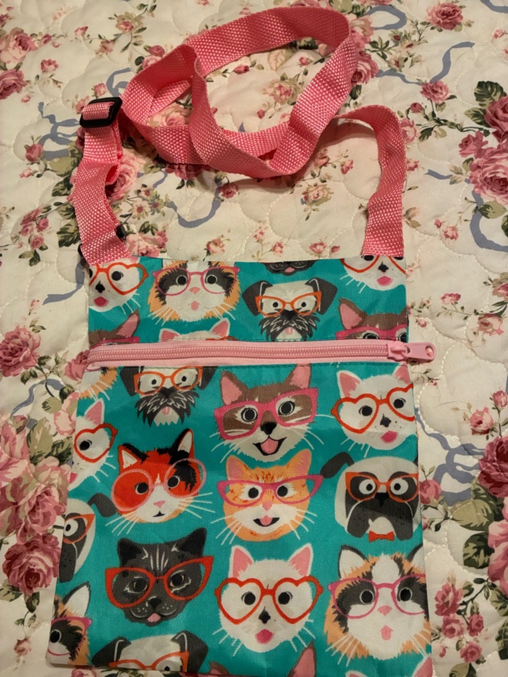 Teal Cat & Dog Print Crossbody Bag with Zipper Pink Strap & Zipper Pocket